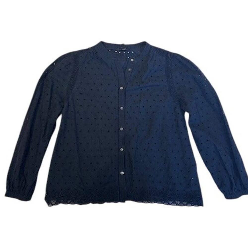 J. CREW Women's Eyelet Cotton Blouse Size 12 Navy Blue Romantic Button Up
